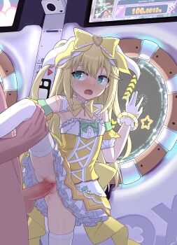 1boy 1girl absurdres animal_ears blonde_hair blue_eyes blush bow breasts cat_ears commentary_request detached_sleeves dress fang fujisawa_yuzu gloves hetero highres leg_lift long_hair maimai_(game) no_panties ongeki open_mouth penis pussy ribbon sex sillyprim small_breasts solo_focus spread_legs sweat tears thighhighs uncensored vaginal white_gloves yellow_bow yellow_ribbon