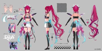 1girl aqua_bow asymmetrical_wings back_bow bandeau belt black_bandeau black_boots black_choker black_gloves black_horns black_skirt blue_eyes boots bow breast_strap breasts checkered_clothes checkered_skirt choker clothes_writing commentary commentary_request copyright_notice crystal_wings detached_wings double_halo earrings elbow_gloves english_commentary gloves grey_background halo heterochromia high_ponytail hololive hololive_english horns irys_(hololive) irys_(race_queenrys)_(hololive) jewelry long_hair medium_breasts miniskirt mixed-language_commentary multiple_views navel necklace official_alternate_costume official_alternate_hairstyle official_art pink_eyes pisuke_wan pleated_skirt pointing_out_the_details pointy_ears ponytail purple_hair reference_sheet second-party_source shorts shorts_under_skirt side_slit sidelocks simple_background skirt star-shaped_pupils star_(symbol) star_halo stomach symbol-shaped_pupils thigh_boots thigh_strap turnaround very_long_hair virtual_youtuber waist_bow white_belt white_skirt wings