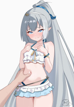 1girl absurdres bikini blue_eyes blush breasts closed_mouth female_tyrant_(stella_sora) grey_hair high_ponytail highres long_hair navel pointy_ears ponytail pov pov_hands royalbunny003 simple_background small_breasts solo_focus stella_sora swimsuit tyrant_(stella_sora) very_long_hair white_background white_bikini