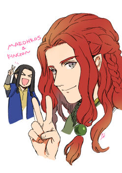 Rule 34 | 2boys, 7luna, black hair, braid, character name, closed eyes, closed mouth, commentary request, elf, fingon, green eyes, grey eyes, highres, looking at viewer, maedhros, male focus, multiple boys, open mouth, parted bangs, pointy ears, red hair, sidelocks, simple background, smile, the silmarillion, tolkien's legendarium, v, white background