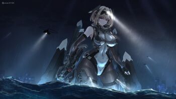 Rule 34 | 1girl, absurdres, aircraft, bare shoulders, black gloves, bodysuit, breasts, building, chinese commentary, cityscape, commentary request, covered navel, fingerless gloves, giant, giantess, gloves, grey eyes, gun, helicopter, highres, holding, holding gun, holding weapon, impossible bodysuit, impossible clothes, large breasts, large variant set, looking at viewer, mecha musume, medium hair, night, original, rain, red pupils, searchlight, sherman (egnk2525), skin tight, skyscraper, textless version, thigh strap, variant set, wading, water, weapon