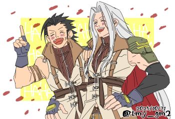 2boys arm_around_waist armband black_hair brown_armband brown_shirt cosplay cross_scar dated earrings elbow_gloves facial_scar falling_petals fangs final_fantasy final_fantasy_vii final_fantasy_vii:_ever_crisis fingerless_gloves gloves grey_hair hair_slicked_back hand_on_another&#039;s_shoulder highres jewelry laughing lightning_farron lightning_farron_(cosplay) long_hair male_focus medium_hair multiple_boys muscular muscular_male open_mouth parted_bangs petals red_petals scar scar_on_cheek scar_on_face sephiroth shirt sideburns single_earring single_elbow_glove single_shoulder_pad sleeveless sleeveless_turtleneck smile tmy_gm2 turtleneck twitter_username vest white_vest yellow_background zack_fair