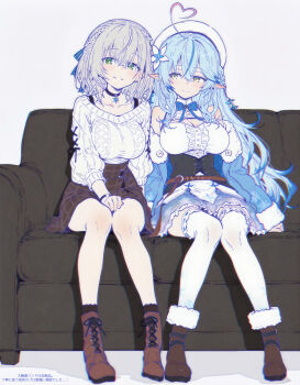 2girls absurdres ahoge blue_hair boots braid breasts colored_tips couch elf flower green_eyes grey_hair hair_flower hair_ornament hat heart heart_ahoge highres hololive hololive_fantasy large_breasts multicolored_hair multiple_girls nekonui pointy_ears shirogane_noel shirogane_noel_(casual) sitting snowflake_choker snowflake_pendant snowflake_print streaked_hair virtual_youtuber yellow_eyes yukihana_lamy
