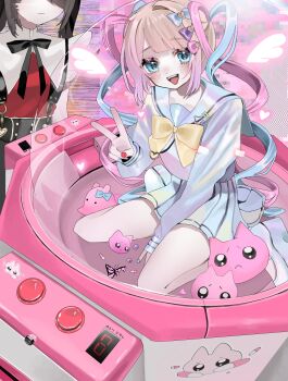 2girls abstract_background absurdres ame-chan_(needy_girl_overdose) arcade black_hair black_ribbon blonde_hair blue_eyes blue_hair blue_serafuku blush bow bowtie bug butterfly capelet cat chouzetsusaikawa_tenshi-chan closed_mouth detached_wings dome double_helix dual_persona expressionless frills gathers glitch gradient_hair hair_bow hanataro_(sruvhqkehy1zied) hand_up head_out_of_frame heart highres in_container insect iridescent looking_at_viewer machine multicolored_hair multicolored_nails multiple_girls multiple_hair_bows neck_ribbon needy_girl_overdose pill pink_hair platform_footwear pleated_skirt quad_tails red_shirt ribbon school_uniform serafuku shirt shoes single_hair_intake sitting skirt smile suspenders v wariza white_capelet wings yellow_bow yellow_bowtie