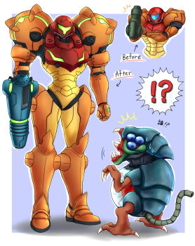 Rule 34 | !?, 1girl, absurdres, alien, arm cannon, armor, assault visor, blue visor, commentary request, full armor, green visor, highres, metroid, metroid: samus returns, metroid (creature), metroid 2: return of samus, nintendo, power armor, power suit (metroid), samus aran, simple background, sweatdrop, wakaba (wata ridley), weapon, zeta metroid