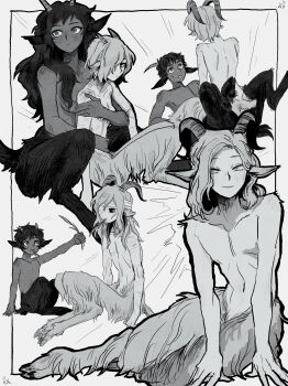 2boys 2girls absurdres age_comparison aged_down alternate_species animal_ears animal_feet bags_under_eyes bandage_over_one_eye bandages between_legs blue_eyes blush body_fur border breasts child convenient_censoring convenient_hand curled_horns curly_hair dark-skinned_female dark-skinned_male dark_skin dual_persona dungeon_meshi eating feet_out_of_frame genderswap genderswap_(mtf) goat_boy goat_ears goat_horns goat_legs goat_tail grass hair_over_breasts highres horns kabru long_hair looking_at_another looking_to_the_side male_focus mithrun monochrome monster_boy monster_girl multiple_boys multiple_girls multiple_scars multiple_views navel notched_ear nude pachix2_corgi profile satyr scar short_hair simple_background sitting sitting_between_lap small_breasts smile spot_color straddling sweatdrop tail wavy_hair white_background wide-eyed yaoi yuri