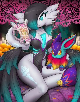 1girl alebrije alternate_color alternate_shiny_pokemon arm_tattoo artist_name barefoot black_dress black_hair black_wings blue_eyes blue_hair bodypaint breasts calavera candle closed_mouth collarbone colored_skin cubone dia_de_muertos dress eevee eyelashes feathered_wings female_focus fire gardevoir gen_1_pokemon gen_3_pokemon glowing glowing_tattoo gradient_hair hair_over_one_eye happy headpat holding holding_skull indoors leg_tattoo low_wings medium_breasts multicolored_hair mushroom nintendo no_panties one_eye_covered orange_eyes paper patreon_username pelvic_curtain pokemon pokemon_(creature) rilex_lenov short_hair sitting skull smile solo_focus tattoo thick_thighs thighs two-tone_hair watermark web_address white_skin wide_hips wings