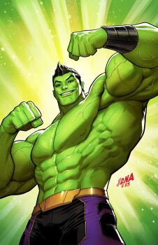 Rule 34 | 1boy, abs, amadeus cho (marvel), bara, belt, biceps, black hair, black shorts, clenched hands, colored skin, david nakayama, flexing, gold belt, green skin, grin, highres, hulk, looking at viewer, male focus, marvel, muscular, muscular male, nipples, purple shorts, short hair, shorts, smile, solo, topless male, two-tone shorts, veins, veiny arms
