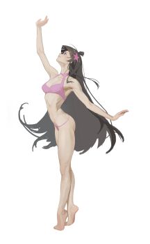 1girl 5708883835 absurdres ahoge alternate_costume aotu_world arm_up bare_legs bare_shoulders barefoot bikini black_hair blue_eyes blunt_bangs breasts brown_hair chinese_commentary cleavage cleavage_cutout clothing_cutout collarbone feet from_side full_body hair_ornament highres kaili_(aotu_world) long_hair looking_up medium_breasts navel parted_lips pink_bikini profile ribbon sidelocks simple_background smile solo standing star_(symbol) star_hair_ornament swimsuit tiptoes toes very_long_hair white_background