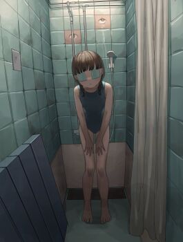 1girl barefoot black_hair blue_one-piece_swimsuit braid crying crying_with_eyes_open expressionless female_focus full_body hands_on_own_knees highres indoors leaning_forward low_twin_braids one-piece_swimsuit original short_braid shower_(place) shower_curtain shower_head solo swimsuit tears tensen_(dotted_line) tile_wall tiles twin_braids what