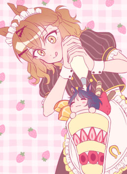 Rule 34 | 2girls, ahoge, animal ears, apron, black hair, blush, blush stickers, braid, breasts, brown hair, brown shirt, brown skirt, closed eyes, closed mouth, coco's, food, fruit, fuji kiseki (umamusume), hair between eyes, hair ornament, hairclip, half up braid, highres, holding, holding pastry bag, horse ears, horse girl, jungle pocket (umamusume), medium hair, multicolored hair, multiple girls, notched ear, parfait, pastry bag, shirt, short hair, skirt, smile, strawberry, tongue, tongue out, umamusume, waist apron, white apron, white hair, white headdress, white wrist cuffs, wrist cuffs, yellow eyes, youngyangtang