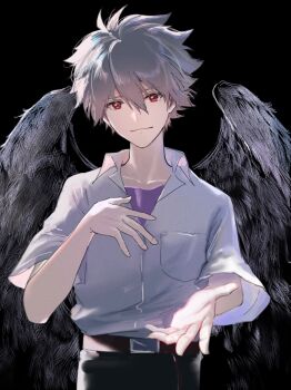 Rule 34 | 1boy, belt, black background, black pants, black wings, breast pocket, brown belt, closed mouth, collared shirt, commentary request, cowboy shot, grey hair, hair between eyes, highres, looking at viewer, male focus, nagisa kaworu, neon genesis evangelion, oversized belt, pants, pocket, purple shirt, reaching, reaching towards viewer, red eyes, school uniform, shirt, shirt tucked in, short sleeves, simple background, solo, soraaaa53, tokyo-3 middle school uniform, white shirt, wings
