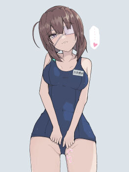 1girl absurdres blue_one-piece_swimsuit brown_hair commentary competition_school_swimsuit eyepatch heaven_burns_red highres hiiragi_kozue kaki. medium_hair old_school_swimsuit one-piece_swimsuit one_eye_covered purple_eyes school_swimsuit swimsuit