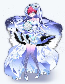 Rule 34 | 1girl, :o, absurdres, alternate costume, blue eyes, blue hair, blush, bouquet, bridal veil, cttn1117, detached sleeves, dress, flower, full body, glasses, high heels, highres, holding, holding bouquet, lace, lace-trimmed thighhighs, lace trim, looking at viewer, multicolored hair, nintendo, penny (pokemon), pokemon, pokemon sv, puffy short sleeves, puffy sleeves, red hair, rose, round eyewear, shoes, short hair, short sleeves, simple background, solo, standing, thighhighs, two-tone hair, veil, white background, white dress, white flower, white rose, white shoes