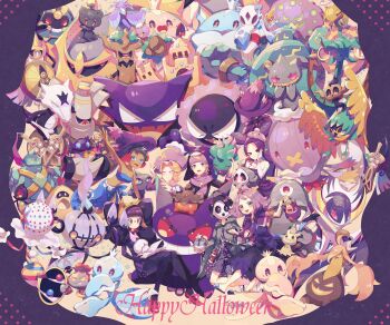 Rule 34 | 2boys, 5girls, absurdres, acerola (pokemon), aegislash, agatha (pokemon), ahoge, allister (pokemon), alolan form, alolan marowak, arm up, bag, black pantyhose, blonde hair, blue eyes, blue sarong, blunt bangs, blush, book, brown eyes, brown hair, capelet, chandelure, character hat, chewing, cofagrigus, collarbone, dark-skinned female, dark skin, decidueye, dhelmise, doublade, dress, drifblim, drifloon, dusclops, dusknoir, duskull, eating, elbow gloves, eyelashes, fantina (pokemon), frillish, frillish (female), frillish (male), froslass, gastly, gen 1 pokemon, gen 2 pokemon, gen 3 pokemon, gen 4 pokemon, gen 5 pokemon, gen 6 pokemon, gen 7 pokemon, gen 8 pokemon, gengar, giratina, glasses, gloves, golett, golurk, gourgeist, grey eyes, grey robe, hand on own face, happy halloween, hat, haunter, highres, holding, holding bag, holding hands, honedge, jellicent, jellicent (female), jellicent (male), lampent, laughing, legendary pokemon, litwick, long sleeves, marshadow, mask, mimikyu, misdreavus, mismagius, morty (pokemon), multiple boys, multiple girls, mythical pokemon, nagatsukiariake, nintendo, old, old woman, open book, oricorio, oricorio (sensu), palossand, pantyhose, phantump, phoebe (pokemon), pirate hat, pleated skirt, poke ball, poke ball (basic), pokemon, pokemon (creature), pokemon bw, pokemon dppt, pokemon gsc, pokemon rgby, pokemon rse, pokemon sm, pokemon swsh, polteageist, pumpkaboo, purple capelet, purple dress, purple hair, purple hat, purple scarf, purple shorts, red footwear, robe, rotom, sableye, sandals, sandygast, sarong, scarf, shauntal (pokemon), short hair, shorts, single glove, skirt, spiritomb, trevenant, white gloves, witch hat, yamask
