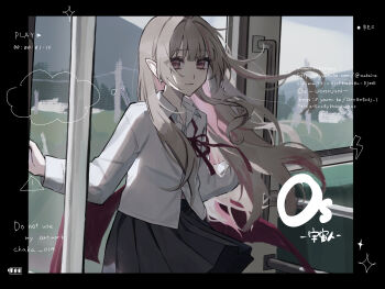 1girl black_skirt brown_hair chaka_014 colored_inner_hair demon_wings english_text hashtag-only_commentary highres light_smile long_hair low_wings makaino_ririmu multicolored_hair muted_color nijisanji pink_eyes pleated_skirt pointy_ears school_uniform shirt skirt solo train_interior two-tone_hair virtual_youtuber watermark white_shirt wings