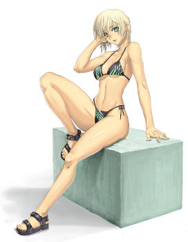 1girl adjusting_hair bikini black_sandals blonde_hair box female_focus green_eyes legs muscular on_box original ran&#039;ou_(tamago_no_kimi) sandals short_hair side-tie_bikini_bottom sitting sitting_on_box solo sports_sandals swimsuit toned toned_female