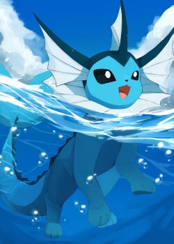 black_eyes bright_pupils bubble cloud commentary_request day gen_1_pokemon highres kou11021301 looking_up nintendo no_humans open_mouth pokemon pokemon_(creature) sky smile solo swimming vaporeon water white_pupils