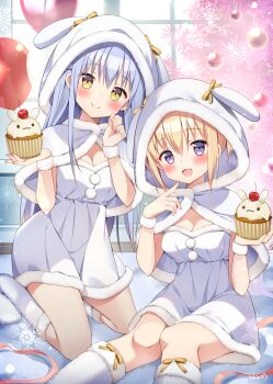 2girls :d animal_hood balloon blonde_hair blue_hair blush bow bow_legwear breasts capelet cherry christmas christmas_tree cleavage closed_mouth commentary_request cupcake dress feet_out_of_frame food fruit fur-trimmed_capelet fur-trimmed_dress fur-trimmed_hood fur-trimmed_legwear fur_trim highres holding holding_food hood hood_up hooded_capelet kneehighs kneeling long_hair looking_at_viewer medium_breasts multiple_girls open_mouth original purple_capelet purple_dress purple_eyes purple_socks rabbit_hood short_hair signature sitting smile socks tobio_illust yellow_bow yellow_eyes