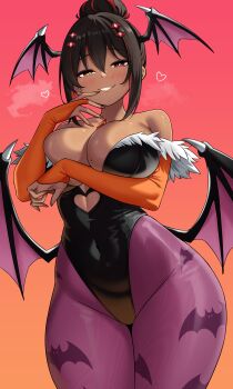 1girl absurdres animal_print bare_shoulders bat_print black_hair black_leotard breasts bridal_gauntlets cleavage commentary cosplay dark-skinned_female dark_skin darkstalkers demon_girl demon_wings english_commentary gradient_background head_wings heterochromia highres large_breasts leotard looking_at_viewer mole mole_on_breast morrigan_aensland morrigan_aensland_(cosplay) orange_background original pantyhose print_pantyhose purple_pantyhose red_background red_eyes scrapy solo tsumugi_kelissa_(scrapy) wings yellow_eyes