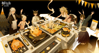 6+girls amiya_(arknights) animal_ears arknights arm_up black_jacket black_suit blonde_hair blue_eyes breasts brown_hair chinese_commentary cleavage closed_eyes closed_mouth collared_shirt commentary_request copyright_logo copyright_name crab crop_top dragon_horns exusiai_(arknights) feast feather_hair fire fish food formal_clothes glasses grey_hair hair_between_eyes highres holding holding_food holding_towel horns ifrit_(arknights) ifrit_(sunburn)_(arknights) jacket large_breasts lion_ears lion_girl logo long_hair long_sleeves looking_at_another meat multiple_girls navel official_alternate_costume official_art orange_eyes owl_ears plate ponytail rabbit_ears rabbit_girl red_hair red_shorts ryuutsuki_basetsu saria_(arknights) shirt short_hair shorts siege_(arknights) silence_(arknights) smile standing steam string_of_flags suit table towel white_shirt yellow_eyes