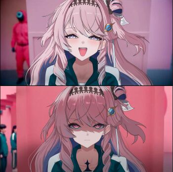 1girl absurdres black_bow bow colored_inner_hair commentary_request dassan denia_(wuthering_waves) hair_bow hair_ornament highres long_hair looking_at_viewer meme multicolored_hair open_mouth partial_commentary pink_eyes pink_hair portrait purple_eye purple_hair shaded_face smile squid_game straight-on track_suit wuthering_waves year_1_&amp;_year_2_(squid_game)_(meme)