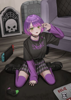 1girl absurdres alternate_costume bad_id bad_pixiv_id belt black_belt black_choker black_footwear black_nails black_shirt blush carpet chain choker claw_pose couch ear_piercing fangs green_eyes hair_ornament hairclip heart heart_o-ring heart_ring_choker highres hololive kit layered_sleeves long_sleeves looking_at_viewer miniskirt multicolored_hair nail_polish o-ring o-ring_choker piercing pillow pink_hair platform_footwear pleated_skirt pointy_ears purple_hair purple_shirt purple_thighhighs shirt short_hair short_over_long_sleeves short_sleeves sitting skirt sleeves_past_wrists solo streaked_hair swept_bangs t-shirt thighhighs tokoyami_towa tombstone virtual_youtuber wariza x_hair_ornament xbox_controller zettai_ryouiki