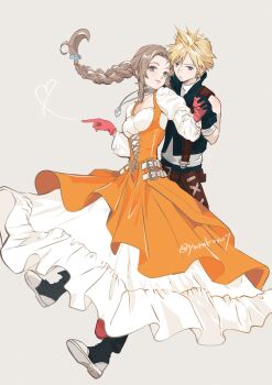 Rule 34 | 1boy, 1girl, aerith gainsborough, aerith gainsborough (garnet's gown), bandaged wrist, bandages, bare shoulders, belt, black boots, black gloves, black pants, black vest, black wrist cuffs, blonde hair, blue eyes, boots, braid, braided ponytail, breasts, brown belt, brown hair, choker, cloud strife, cloud strife (zidane's outfit), commentary request, cosplay, couple, crystal, dress, final fantasy, final fantasy vii, final fantasy vii: ever crisis, full body, garnet til alexandros xvii, garnet til alexandros xvii (cosplay), gloves, green eyes, grey background, grey choker, hair between eyes, hair ornament, hairclip, hetero, highres, holding hands, jewelry, layered dress, light smile, long dress, long hair, long sleeves, medium breasts, official alternate costume, orange dress, pants, parted bangs, pendant, petticoat, puffy long sleeves, puffy sleeves, red boots, red gloves, shirt, short hair, sidelocks, sleeveless, sleeveless shirt, spiked hair, steel-toe boots, twitter username, underbust, vest, wrist cuffs, ynmkrn27, zidane tribal, zidane tribal (cosplay)