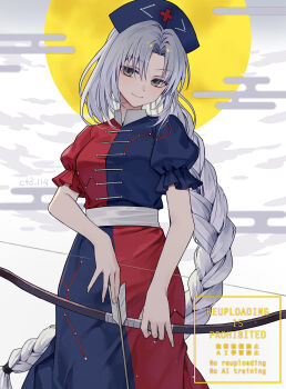 1girl arrow_(projectile) artist_name blue_dress bow_(weapon) braid breasts closed_mouth commentary constellation_print cowboy_shot cross ctd_114 dress egasumi grey_eyes grey_hair hat highres holding holding_arrow holding_bow_(weapon) holding_weapon long_hair looking_at_viewer medium_breasts multicolored_dress nurse_cap parted_bangs print_dress puffy_short_sleeves puffy_sleeves red_cross red_dress short_sleeves single_braid smile solo touhou two-tone_dress very_long_hair watermark weapon yagokoro_eirin