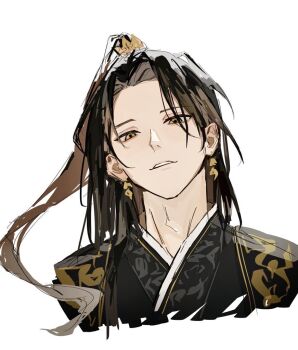 0k_sic 1boy black_hair brown_eyes character_name copyright_name cropped_torso earrings jewelry long_hair looking_at_viewer male_focus original parted_lips piercing ponytail simple_background solo very_long_hair white_background