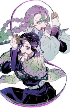 2girls animal_print bug butterfly butterfly_hair_ornament butterfly_print checkered_haori demon_slayer_uniform flower gradient_hair hair_ornament haori highres insect japanese_clothes kanroji_mitsuri kendama_01 kimetsu_no_yaiba kochou_shinobu multicolored_hair multiple_girls print_haori purple_butterfly sword_writing wisteria