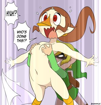 1boy 1girl after_bathing beak belt blonde_hair blush boots breasts brown_belt brown_boots brown_hair dangerking11 flying_sweatdrops grabbing_another's_breast green_hat green_tunic grey_background grin groping hat headband hetero highres link loli long_hair medli navel nintendo no_pussy nude open_mouth orange_boots pointy_ears ponytail red_eyes rito screaming sheath shield short_hair small_breasts smile speech_bubble standing surprised teeth the_legend_of_zelda the_legend_of_zelda:_the_wind_waker toon_link towel tunic