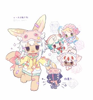 absurdres animal_ears bandaid bandaid_on_ear bandaid_on_face bandaid_on_leg bandaid_on_nose bandaid_on_tail black_eyes blonde_hair blue_hair bow bowtie brown_eyes center-flap_bangs character_request chibi chinese_commentary colored_tips commentary_request creature eye_mask frilled_headwear furry green_eyes green_hair hair_ornament hairclip highres jacket long_hair long_sleeves made_in_abyss mask multicolored_hair multicolored_jacket nanachi_(made_in_abyss) open_mouth red_bow red_bowtie red_eyes red_ribbon ribbon short_hair_with_long_locks sidelocks simple_background sleeve_ribbon sparkle standing standing_on_one_leg star_(symbol) tail tail_bow tail_ornament tuteo twintails whiskers white_background white_hair x_hair_ornament yellow_jacket