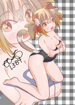 Rule 34 | 1girl, :o, animal ear fluff, animal ears, artist name, black one-piece swimsuit, blush, breasts, brown hair, cleavage, clothes pull, embarrassed, full body, highres, kneeling, large breasts, looking at viewer, multicolored eyes, one-piece swimsuit, one-piece swimsuit pull, open mouth, original, pink eyes, plaid background, red eyes, short hair, signature, simple background, swimsuit, totomoto, twintails, zoom layer