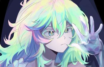 bare_shoulders blonde_streaks blue_eyes boku_no_hero_academia colored_eyelashes derivative_work green_hair grey_background h_sam0111 highres long_hair looking_at_hand messy_hair multicolored_eyes multicolored_hair pink_streaks screenshot_redraw transparent_hand yellow_eyes