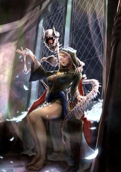 1girl 1other absurdres ala-sys121 bare_legs black_hood black_robe black_veil blonde_hair blue_sash bone character_request full_body highres hood horns indoors long_sleeves mouth_veil one-eyed open_mouth robe sash sharp_teeth sitting skull teeth upper_teeth_only veil wide_sleeves window wizardry wizardry_variants_daphne yekaterina_(wizardry)