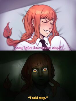 1girl @_@ absurdres bed_sheet black_necktie chainsaw_man closed_mouth dark english_text high_collar highres horror_(theme) long_hair looking_at_viewer lying makima_(chainsaw_man) multiple_views necktie on_back on_bed parted_lips ponytail portrait pov red_hair sharp_teeth shirt sidelocks smile solo subtitled talking tatjasng12 teeth tickling turning_head white_shirt yellow_eyes