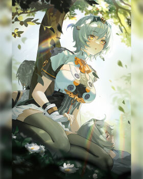 3girls anby_demara anby_demara_(silver_soldier) ascot black_hairband black_thighhighs braid braided_sidelocks breasts burger_hair_ornament commentary english_commentary fingerless_gloves flower food-themed_hair_ornament gloves grey_hair hair_ornament hair_wagging hairband highres large_breasts libero_art multiple_girls orange_ascot orange_eyes parted_lips seiza short_hair shrug_(clothing) sitting skirt_under_dress solo_focus thighhighs tree under_tree white_shrug zenless_zone_zero