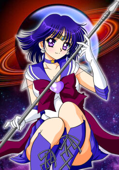 1girl alternate_breast_size back_bow bishoujo_senshi_sailor_moon bob_cut boots bow breasts brooch choker cleavage earrings elbow_gloves eyebrows female_focus gloves heart heart_brooch highres jewelry looking_at_viewer medium_breasts outer_senshi pleated_skirt purple_boots purple_sailor_collar purple_skirt sailor_collar sailor_saturn sailor_senshi sailor_senshi_uniform saturn_(planet) short_hair silence_glaive sitting skirt solo star_(sky) star_(symbol) star_choker tatsumi_kyouhei tiara tomoe_hotaru white_gloves