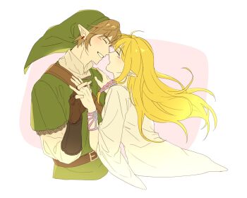 1boy 1girl armor belt belt_buckle blonde_hair border breasts brown_belt brown_gloves buckle chainmail closed_eyes collared_shirt commentary couple cropped_torso dress earrings english_commentary fingerless_gloves gloves green_hat green_tunic hair_ribbon hat hetero holding_hands interlocked_fingers jewelry light_blush link long_hair medium_breasts mulsu_ww nintendo noses_touching open_mouth parted_lips phrygian_cap pink_background pink_ribbon pointy_ears princess_zelda ribbon shirt short_hair sidelocks smile teeth the_legend_of_zelda the_legend_of_zelda:_skyward_sword tunic upper_body white_border white_dress white_shirt wide_sleeves