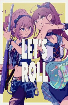 2girls aikatsu! aikatsu!_(series) aikatsu_stars! bad_id bad_twitter_id blue_eyes blue_hairband blue_jacket blue_shirt blue_skirt border bow cowboy_shot drill_hair guitar hair_bow hairband hand_up highres holding holding_guitar holding_instrument idol_clothes image_sample instrument jacket long_hair looking_at_another midriff multiple_girls open_mouth otoshiro_seira pantyhose pink_hair ponytail sakuraba_rola shiontaso shirt skirt sleeveless sleeveless_jacket smile standing torn_clothes torn_pantyhose twitter_sample white_border yellow_background