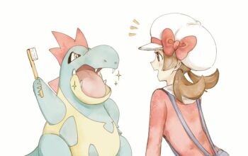 1girl :d asuka_rkgk blush bow brown_hair commentary croconaw gen_2_pokemon hand_up happy hat hat_bow holding holding_toothbrush lyra_(pokemon) nintendo notice_lines open_mouth pokemon pokemon_(creature) pokemon_hgss red_bow shirt simple_background smile sparkle symbol-only_commentary toothbrush twintails white_background white_hat yellow_eyes