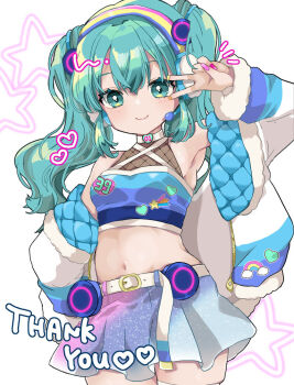 1girl 39 aqua_eyes aqua_hair arm_up armpits belt breasts closed_mouth commentary commentary_request crop_top english_commentary english_text fingernails hand_up hatsune_miku hatsune_miku_expo heart jacket long_hair looking_at_viewer medium_breasts multicolored_skirt nail_polish narushima_(sugar_star) navel open_clothes open_jacket pink_nails pleated_skirt reference_sheet shoes single_thighhigh skirt smile star_(symbol) star_print stomach thighhighs twintails vocaloid white_belt white_jacket