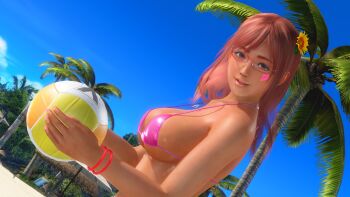 1girl 3d ball beach bikini breasts dead_or_alive dead_or_alive_xtreme dead_or_alive_xtreme_venus_vacation female_focus flower game_screenshot glasses hair_flower hair_ornament heart heart_necklace highres holding holding_ball honoka_(doa) large_breasts long_hair looking_at_viewer necklace outdoors palm_tree pink_bikini pink_hair pink_nails red-framed_eyewear smile solo sun swimsuit tecmo tree video_game_screencap volleyball_(object)
