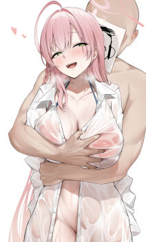 1boy 1girl :d absurdres ahoge almondman bald bikini bikini_under_clothes blue_archive blush bottomless breasts breath collarbone collared_shirt doodle_sensei_(blue_archive) grabbing_another's_breast grabbing_from_behind green_eyes groping halo hanako_(blue_archive) hanako_(swimsuit)_(blue_archive) hetero highres large_breasts long_hair long_sleeves official_alternate_costume open_clothes open_mouth open_shirt pink_hair sensei_(blue_archive) shirt smile sweat swimsuit very_long_hair wet wet_clothes wet_shirt white_background white_shirt
