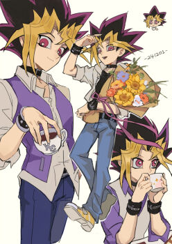Rule 34 | 1boy, belt collar, black collar, blonde hair, bouquet, chinese commentary, closed mouth, coffee mug, collar, commentary request, cup, flower, highres, holding, holding bouquet, holding cup, looking at viewer, looking to the side, male focus, mug, multicolored hair, multiple views, open collar, open mouth, orange flower, purple hair, purple shirt, purple vest, red eyes, ribbon, saka nagiya, shirt, sideways glance, sitting, smile, spiked hair, sunflower, triangle mouth, two-tone hair, vest, white background, white shirt, wing collar, yami yugi, yellow flower, yu-gi-oh!, yu-gi-oh! duel monsters