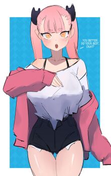 Rule 34 | 1girl, bare shoulders, black bra, black shorts, blush, borrowed character, bra, breasts, english text, gluteal fold, hair ornament, hand on own chest, hazuki kazue, jacket, large breasts, momo (kida eve), off-shoulder jacket, off-shoulder shirt, off shoulder, open clothes, open jacket, open mouth, open shorts, original, pink jacket, shirt, shorts, simple background, solo, teeth, thick eyebrows, thigh gap, thighs, twintails, underwear, upper teeth only, white shirt, yellow eyes