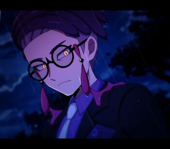 1boy black-framed_eyewear black_jacket closed_mouth cloud cloudy_sky collared_shirt commentary_request corbeau_(pokemon) frown glasses highres jacket kiriya_black lapels letterboxed male_focus necktie night nintendo notched_lapels outdoors pokemon pokemon_legends:_z-a purple_hair purple_shirt rain round_eyewear shirt short_hair short_sideburns sky slit_pupils solo storm suit_jacket tassel tree wet wet_hair white_necktie wing_collar yellow_eyes