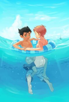 2boys ass barefoot black_hair blue_male_swimwear blue_sky blue_swim_briefs blue_swim_trunks blue_theme blush boat brown_hair bubble clothes_pull erection feet green_eyes highres innertube male_focus male_swimwear male_swimwear_around_leg male_swimwear_pull multiple_boys nipples ocean original outdoors partially_submerged penis penises_touching print_innertube satou_(satohstc) shota sky striped_innertube submerged summer sweatdrop swim_briefs swim_briefs_around_leg swim_ring swim_trunks swim_trunks_around_leg swim_trunks_pull swimming swimsuit swimsuit_around_one_leg tan testicles toes uncensored underwater water watercraft yaoi