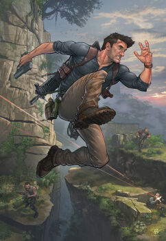 2015 4boys architecture artist_name assault_rifle belt blue_shirt boots brown_hair brown_pants cliff dynamic_pose facial_hair firing forest green_eyes gun handgun henley_shirt holding holster jumping lasso male_focus mature_male mercenary multiple_boys muscular muscular_male nathan_drake nature pants patrick_brown people rifle scenery shirt short_hair signature solo_focus strap stubble tree uncharted uncharted_4 weapon whip